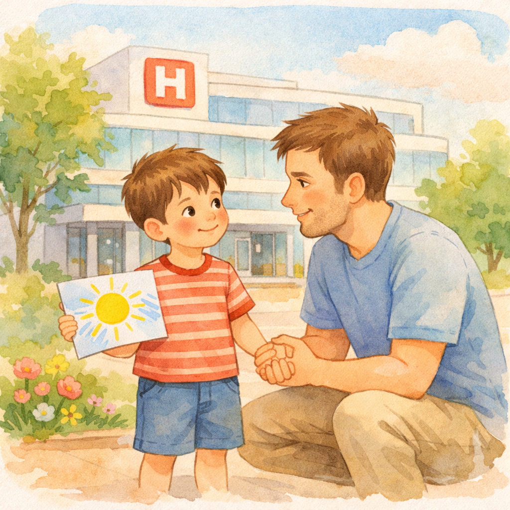 Leon und sein Papa vor dem Krankenhaus